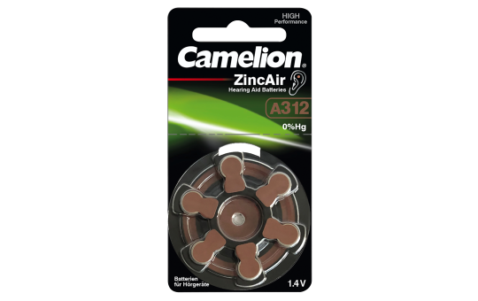 Knopfzelle CAMELION, A312, Zink-Luft, 6er-Blister 