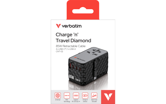 Ladeadapter Verbatim, Charge'n'Travel, GaN III, 85W, USB-C Kabel integriert 