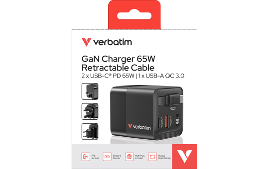 Ladeadapter Verbatim, GaN, 65W, Retractable, schwarz 