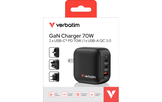 Ladeadapter Verbatim, Mini GaN, 70W, schwarz 