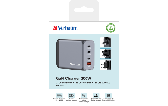 Ladeadapter Verbatim, Universal, GNC-200, GaN, 200W, grau 
