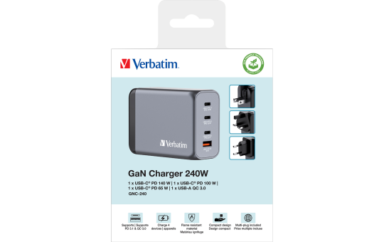 Ladeadapter Verbatim, Universal, GNC-240, GaN, 240W, grau 