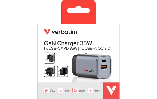 Ladeadapter Verbatim, Universal, GNC-35, GaN, 35W, grau 