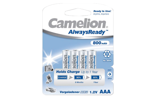 Micro-Akku CAMELION "AlwaysReady", NiMH, 800 mAh, Typ AAA, 4er-Blister 