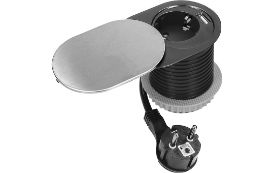 Tisch-Einbausteckdose 1x2P+E, 1x USB A+C PD20W, silber-schwarz 