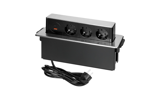 Versenkbare Tischsteckdose, 3x Schuko, 2xUSB (Typ A+C), inkl. 2m Kabel 