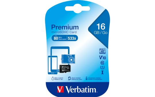 microSDHC Card Verbatim, 16GB, Premium, Class 10, U1 