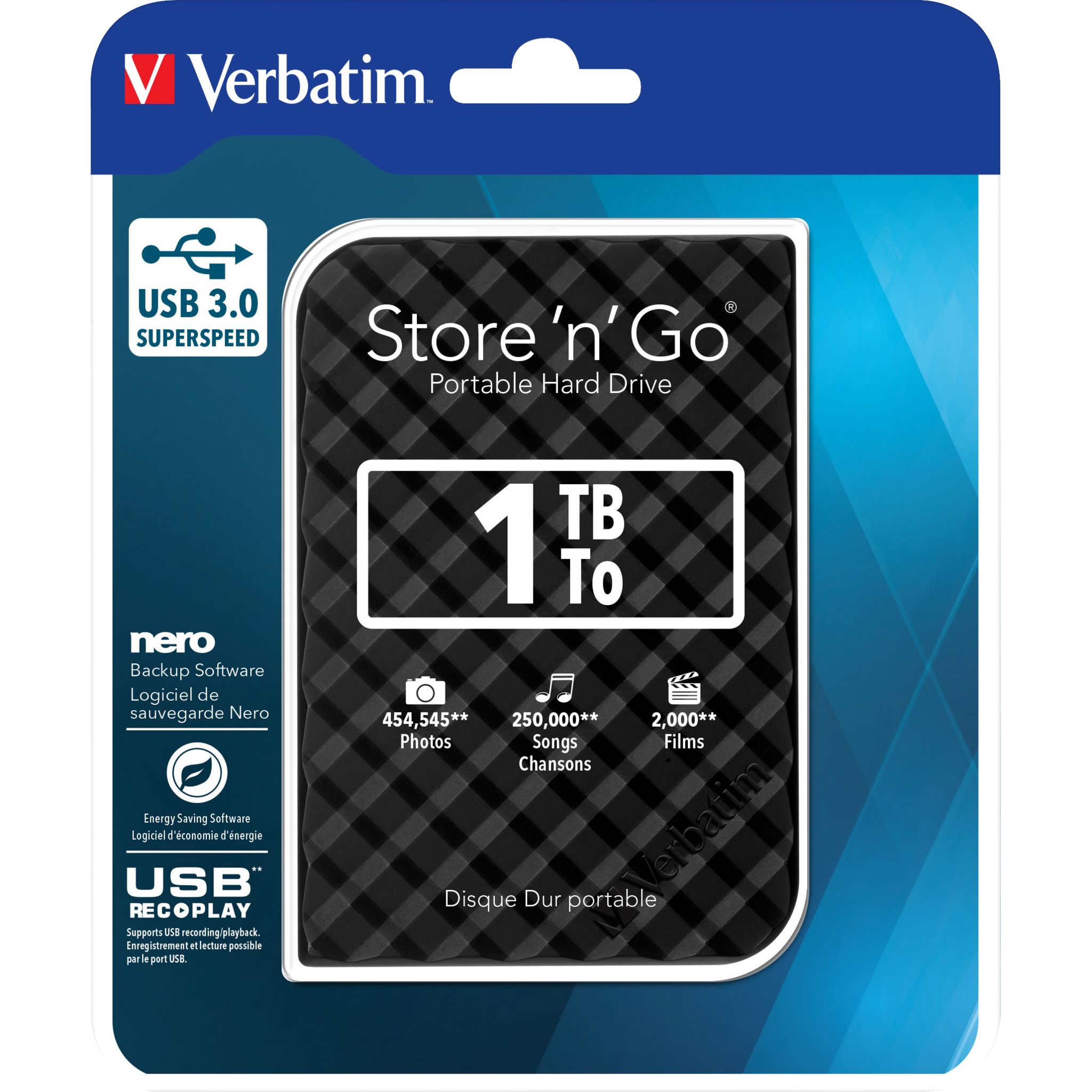 Externe Festplatte "Store 'n' Go" Verbatim, 1 TB Speicher, USB 3.0, inkl. Kabel 