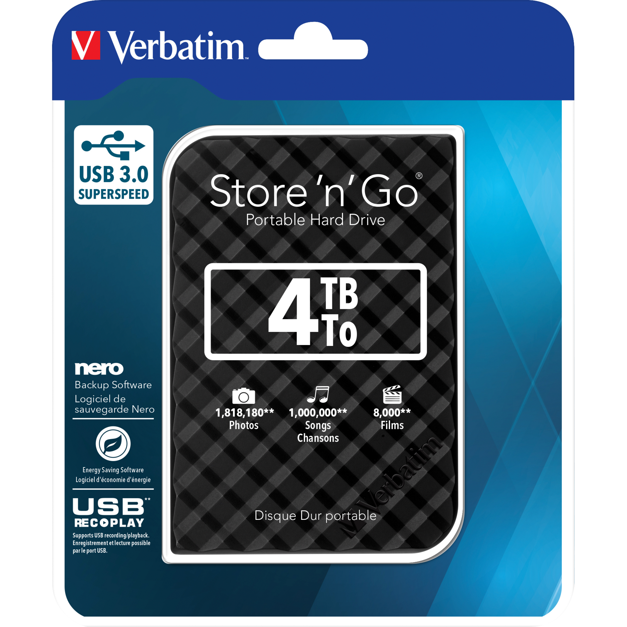 Externe Festplatte "Store 'n' Go" Verbatim, 4 TB Speicher, USB 3.0, inkl. Kabel 