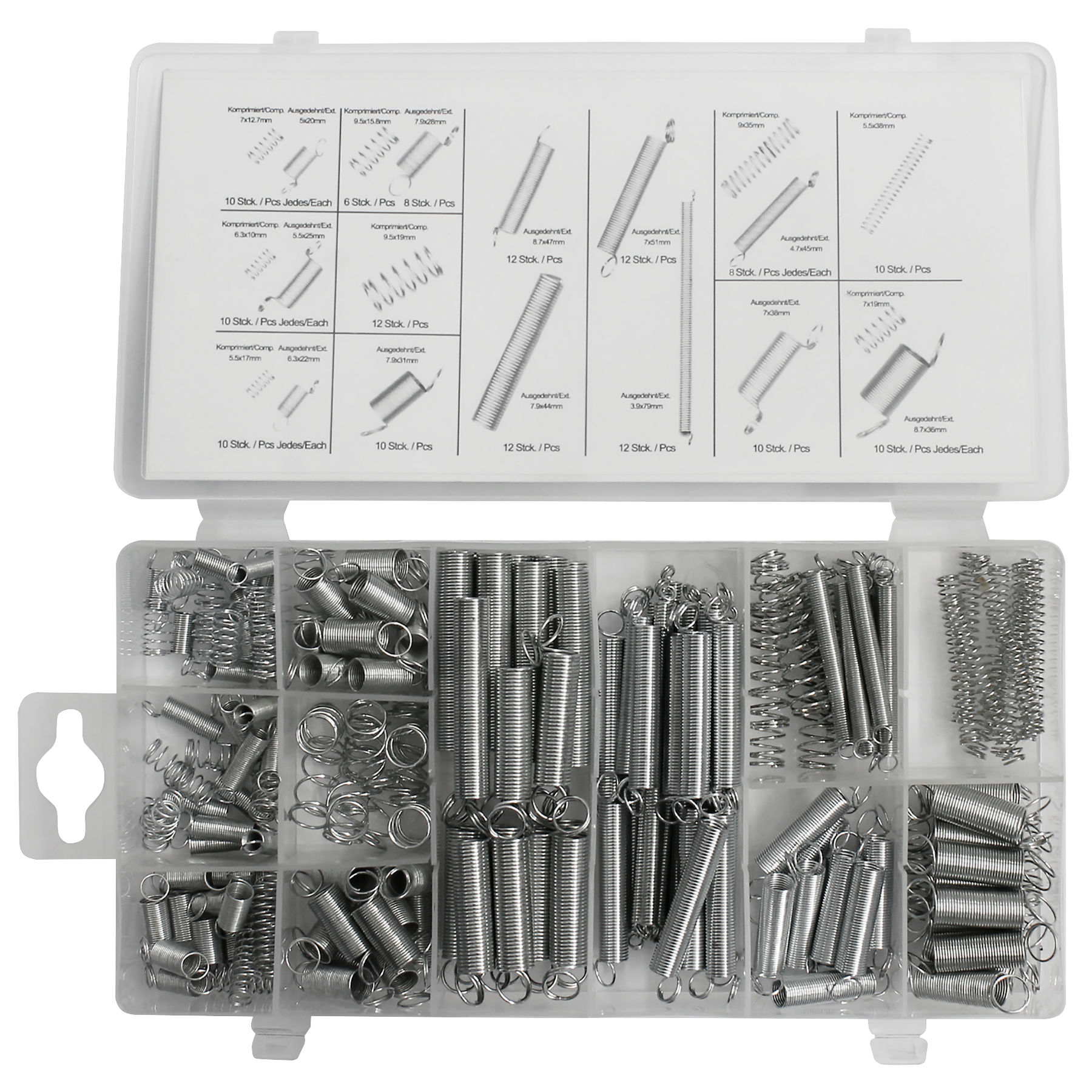Federn 200 tlg., alle gängigen Größen an Druckfedern und Zugfedern 