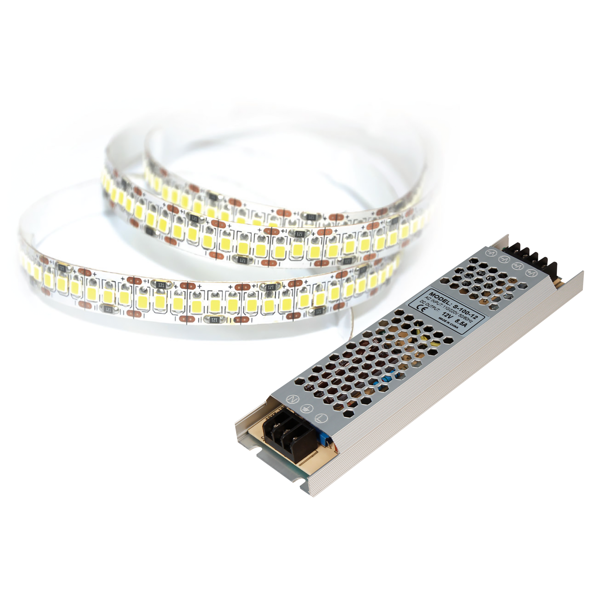 LED-Stripe SET, 204LED/m, 1700lm/m, 18W/m, warmweiß, 5m Rolle, incl. 100W Trafo 