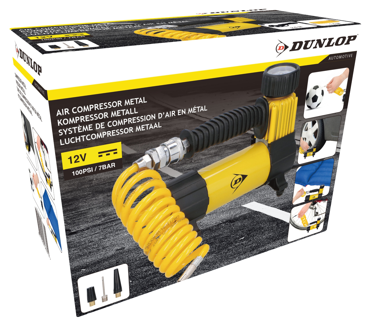 Luftkompressor mit Metallgehäuse, 12V, 100PSI/7 Bar, schwarz/gelb 