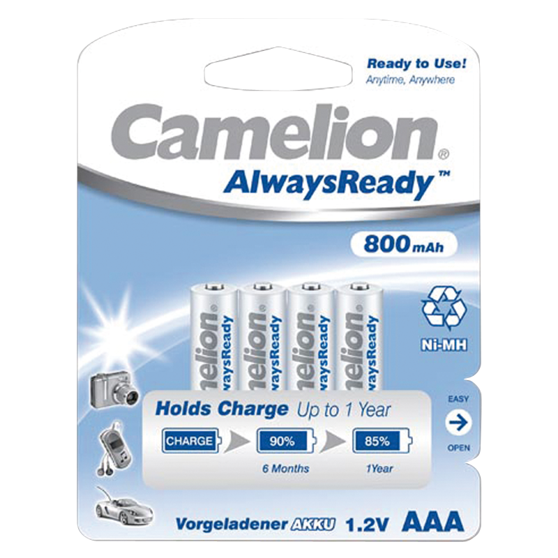 Micro-Akku CAMELION "AlwaysReady", NiMH, 800 mAh, Typ AAA, 4er-Blister 