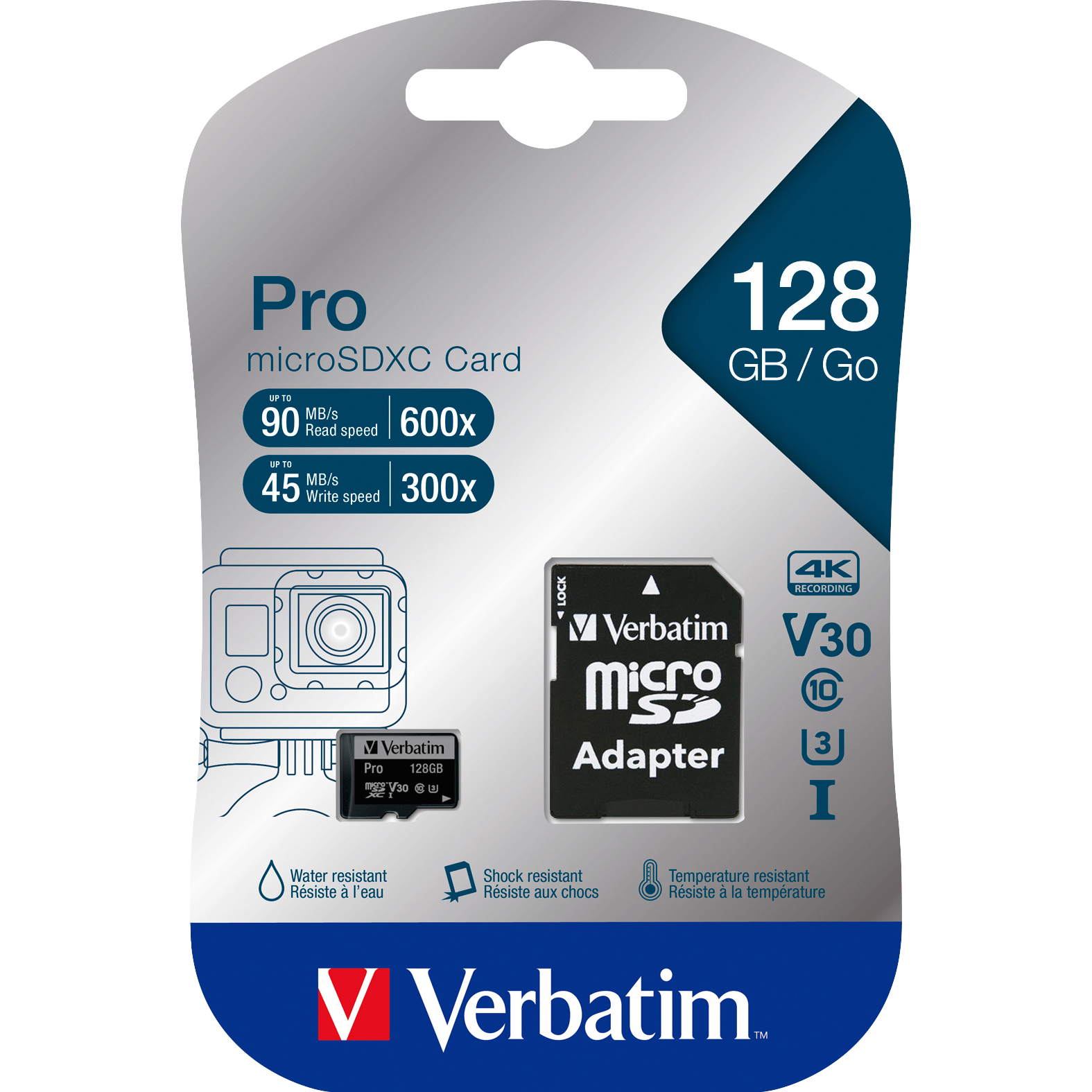 Micro SDXC Card Verbatim "PRO" 128GB, U3, inkl. SD-Adapter 