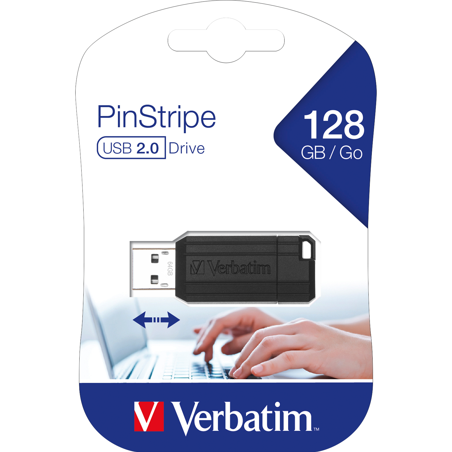 USB 2.0 Stick Verbatim, 128GB Speicher, PinStripe, Schiebemechanismus 