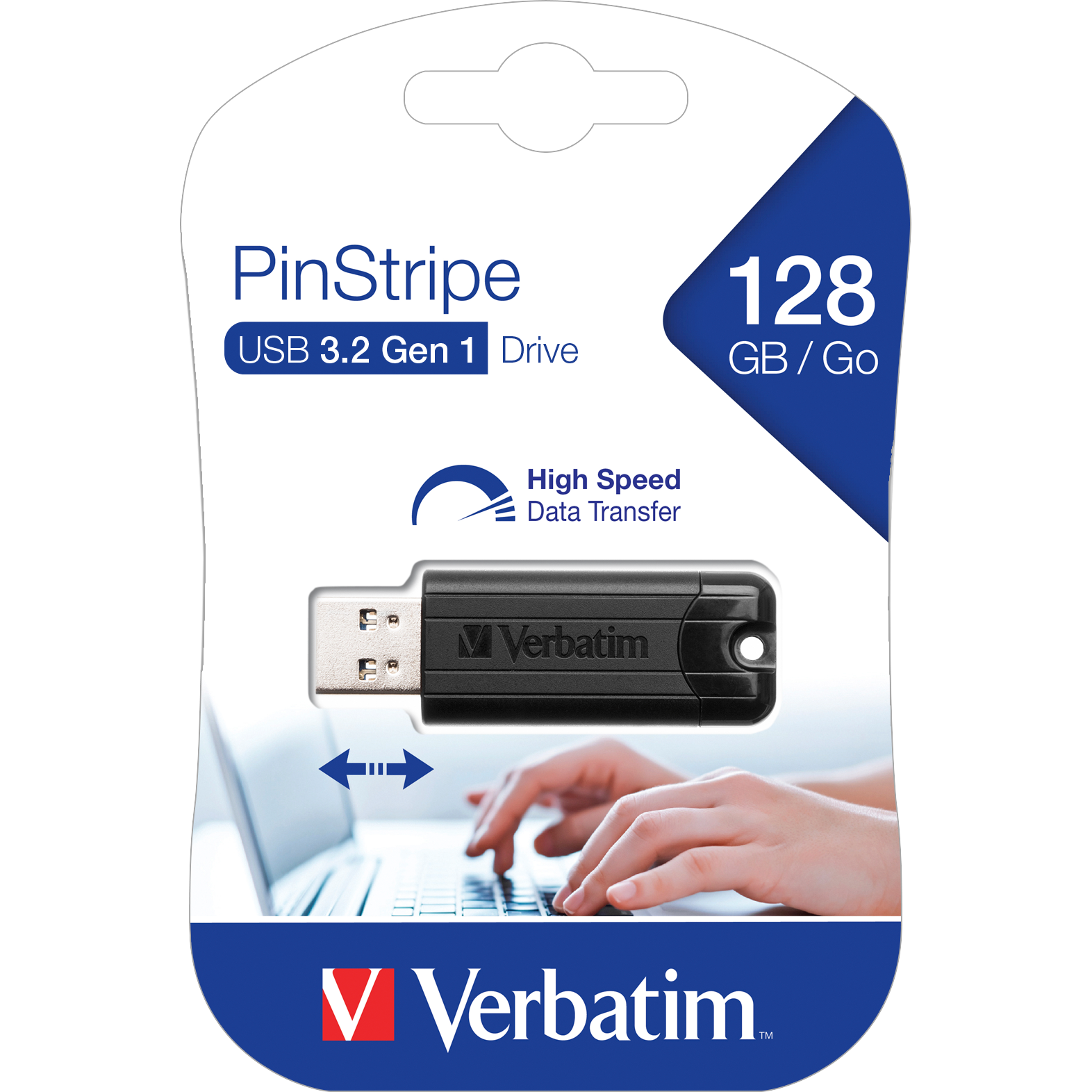 USB 3.2 Stick Verbatim, 128GB Speicher, PinStripe, Typ-A, Schiebemechanismus 