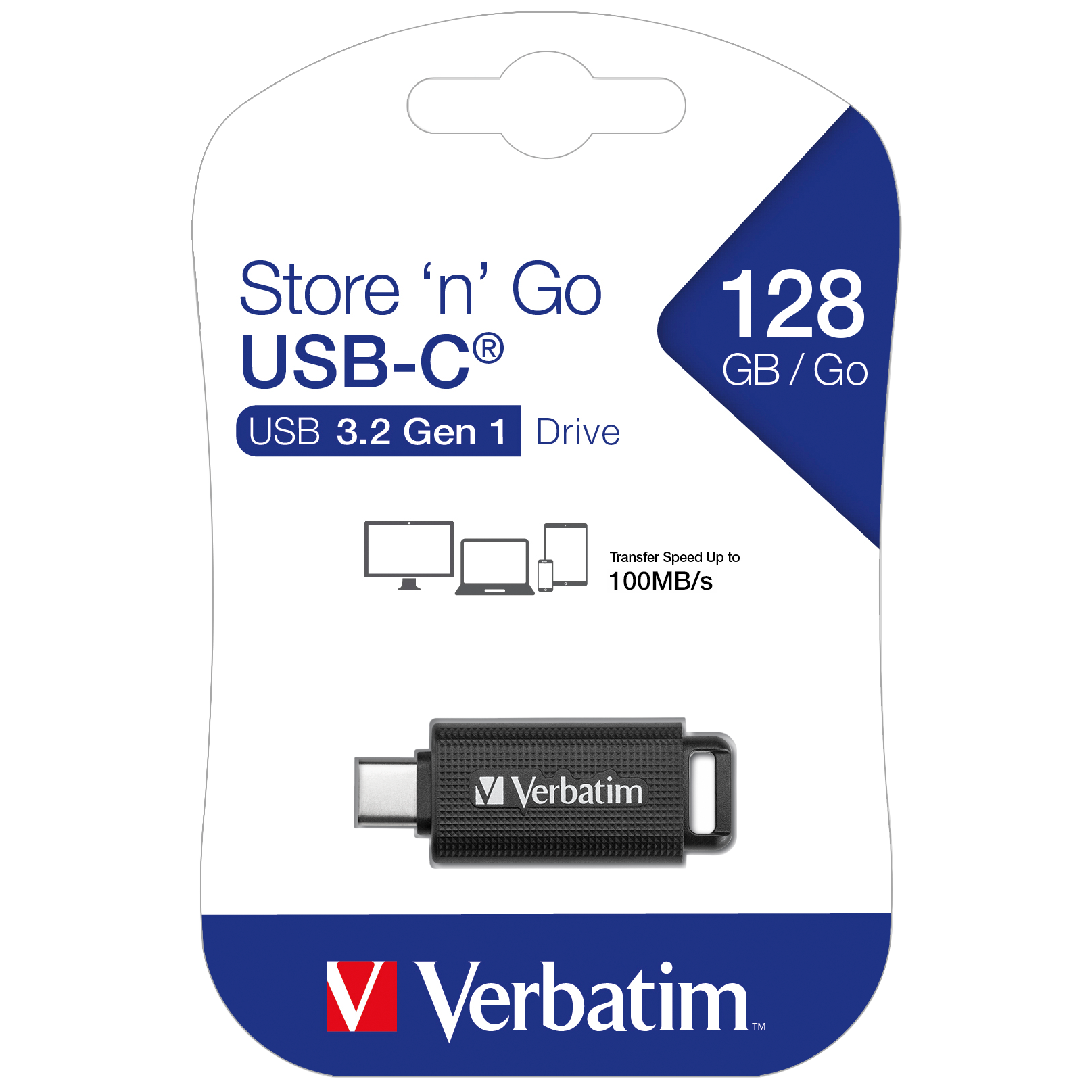 USB-C 3.2 Stick Verbatim, 128GB Speicher, Store 'n' Go, Typ C,Schiebemechanismus 