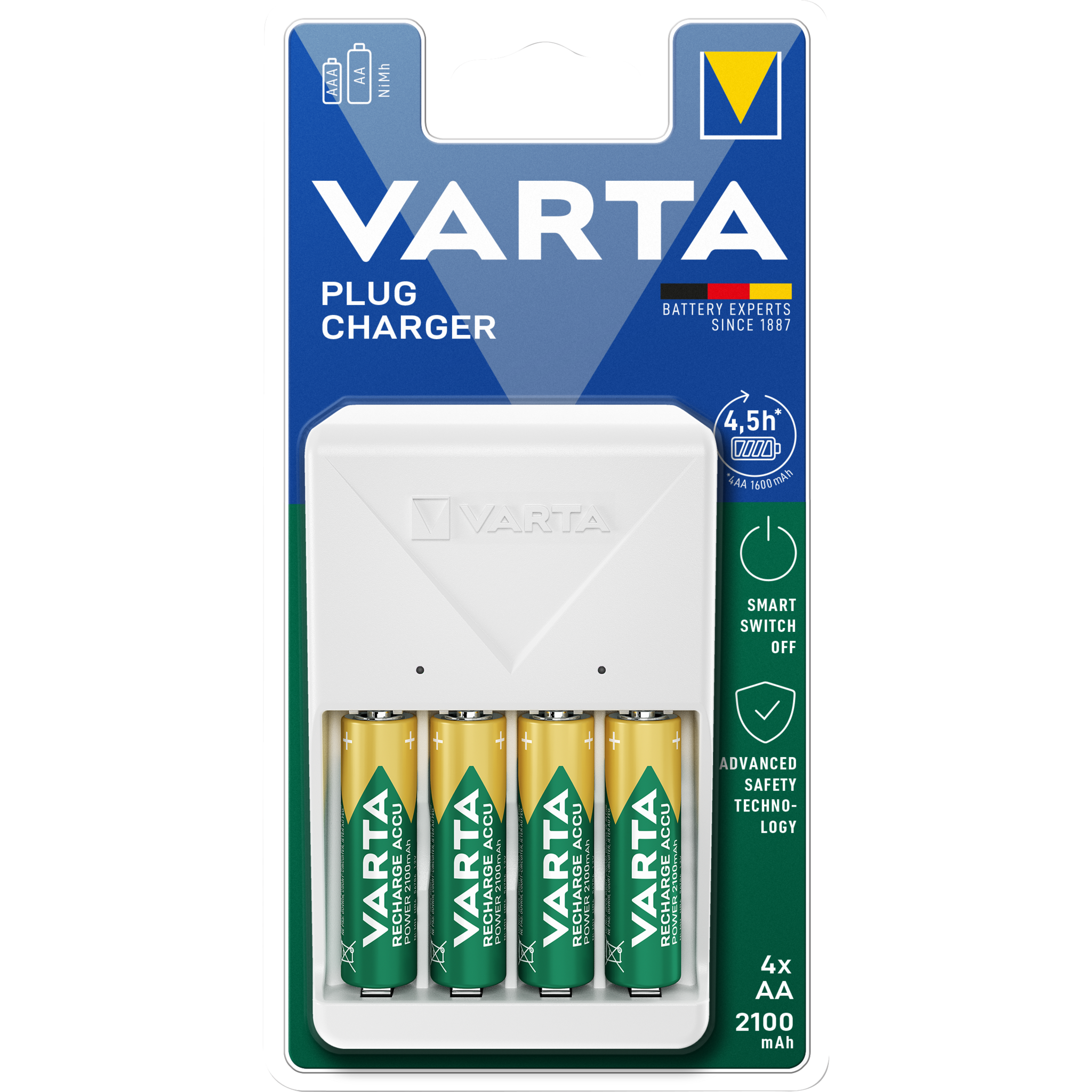 Universal-Ladegerät VARTA, inkl. 4x Mignon Akku Typ AA, NiMH Akku, 2100mAh 